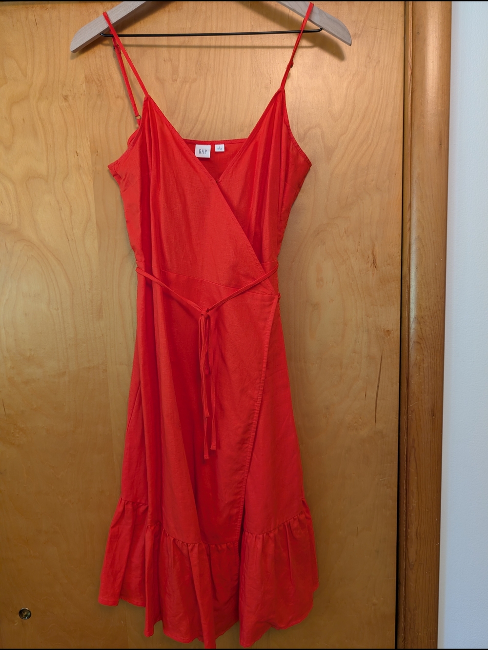 GAP Red/Orange Spaghetti-Strap Wrap Midi Dress